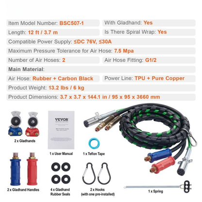 12FT Semi Truck Air Lines Kit with 2PCS Glad Hands